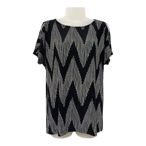 chicos travelers Short Sleeve Cold Shoulder Black Cream Slinky Top Size 1 M/8 - Picture 1 of 10